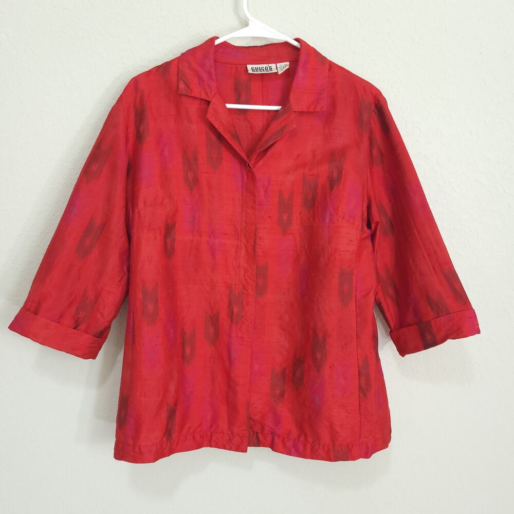Chicos Silk Blouse Womens Medium Chicos 1 Red Button Up Top Collard V Neckline